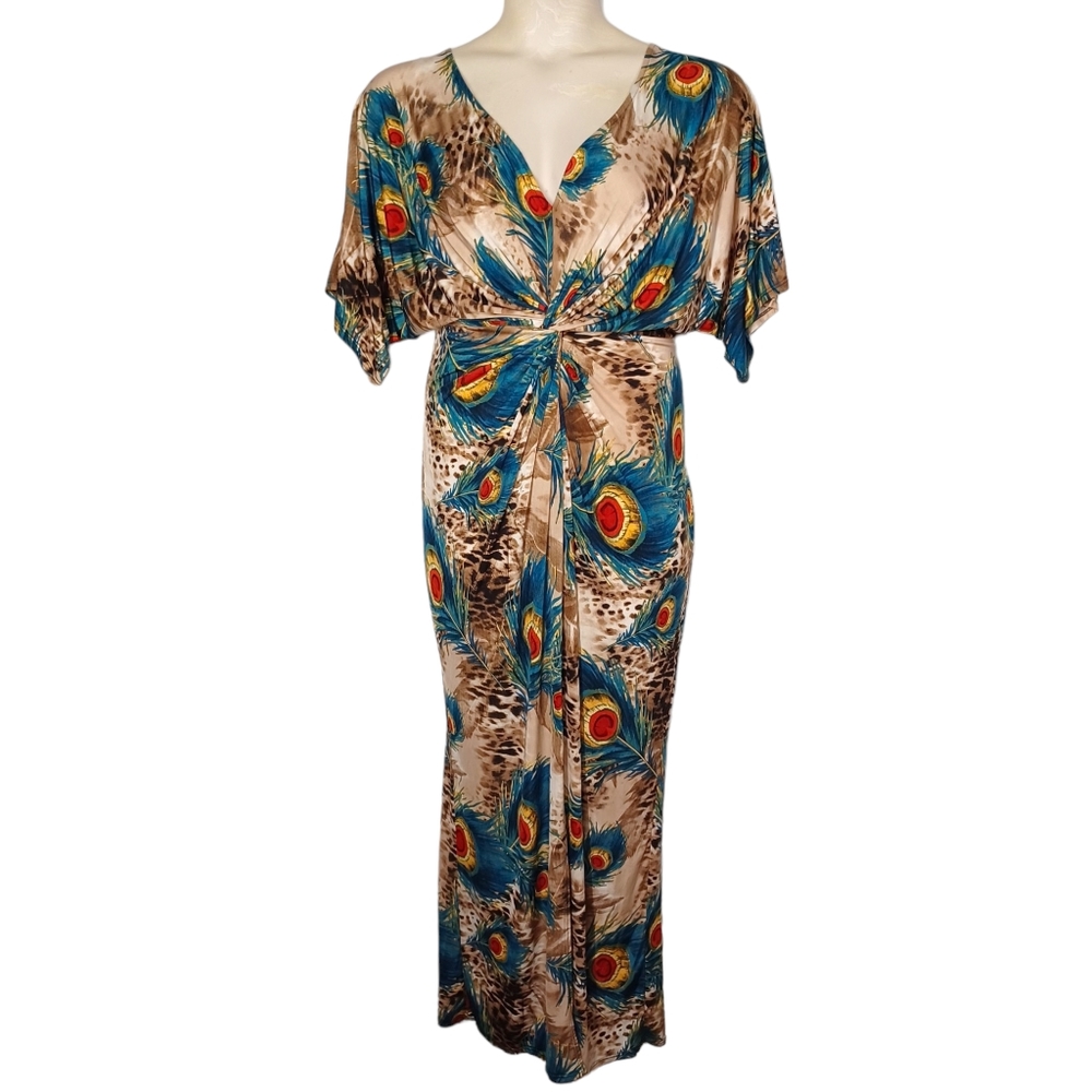 BLUEBELL Peacock Feather Print Front Twist Short Sleeve Maxi Stretchy Dress 2XL
